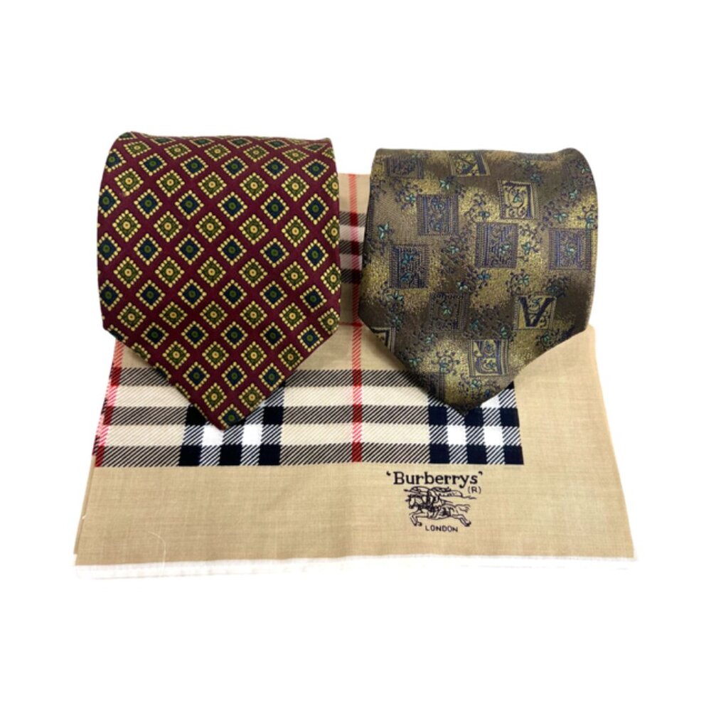 Set: 2 Neckties Burberry Paisley  & Karl  Linger Paris+1Burberry Handkerchief(53